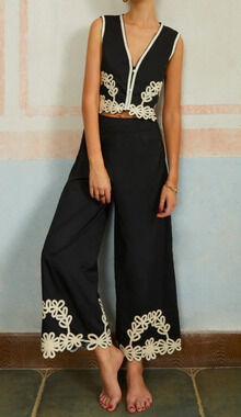 Commense Black White Embroidery Two Piece Set XL Coastal Luxe Resort Wide Leg